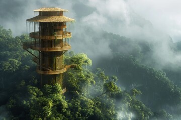 tall bamboo tower with multiple levels and thatched roofs amidst a lush green forest