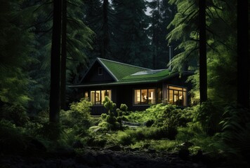 A dwelling nestled in the heart of a vibrant and lush green forest.