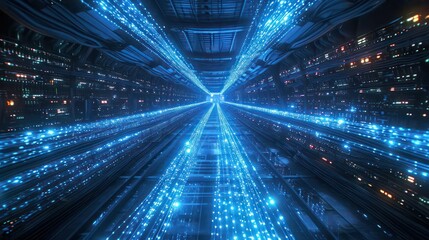 a network of fiber cables, resembling veins of pure light, stretches across a vast underground data center, pulsating with information