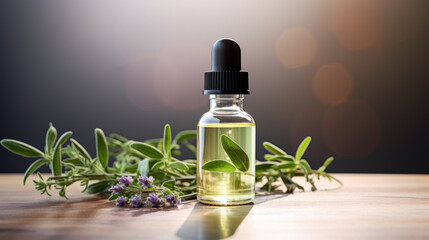 Selection of essential oils, with herbs and flowers in the background