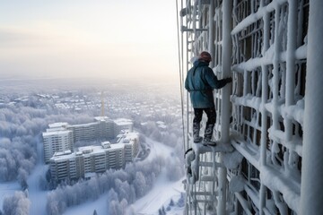A real construction worker at a high-rise construction site on a cold winter day - obrazy, fototapety, plakaty