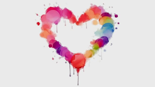Heart. Watercolor painting of multicolor heart symbol. Animated video valentine card. The heart appears, beats and disappears