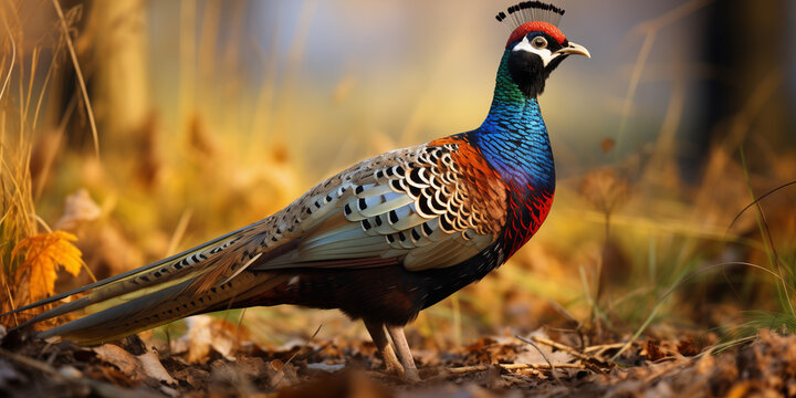 ring necked pheasant, Ring-necked pheasant in the garden, grassland in early morning,