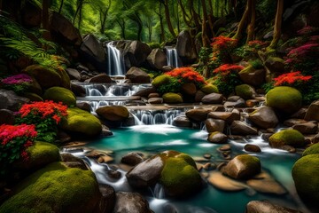 A peaceful valley, where a gentle stream meanders through the rocky terrain. The water gracefully flows over smooth stones, creating a soothing melody. 
