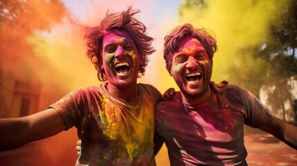 Portrait of happy friends having fun during Holi color festival in India. AI. - obrazy, fototapety, plakaty
