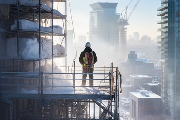 A real construction worker at a high-rise construction site on a cold winter day