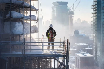 Deurstickers A real construction worker at a high-rise construction site on a cold winter day © Александр Лобач