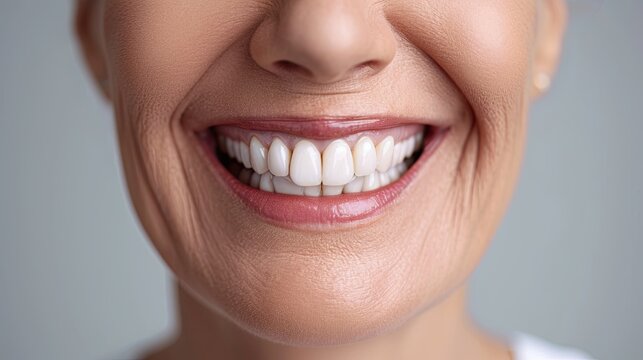 Cropped image of smiling Elderly people with white teeth isolated on grey background. Dentis concept. Ai generative.