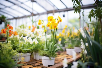 array of orchids in a greenhouse with humidity controls