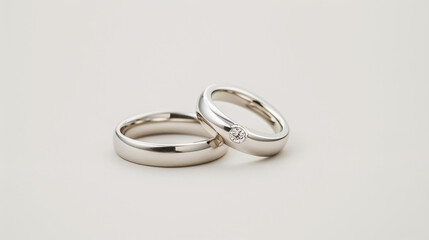 Elegant platinum engagement rings for a couple on a white background