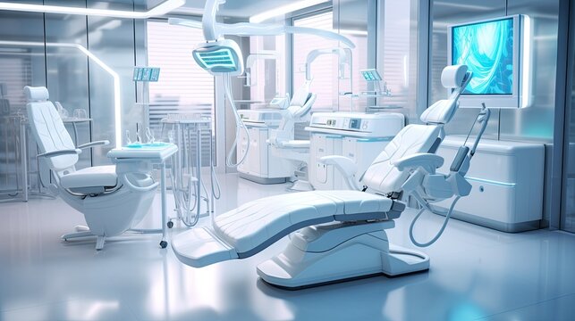 Generative AI picture of equipped dental clinic with a modern seat and tools dentist specialist concept.