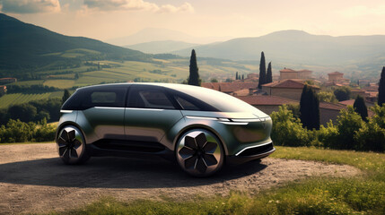 A futuristic electric car on a city street. A concept of the future