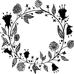 Hand Drawn Wreath Circle Floral Line Art