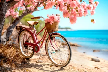 Schilderijen op glas pink vintage bicycle with baskets with flowers stands on the beach outdoors. romantic greeting card. © Vero