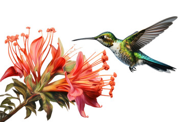 Obraz premium Balletic Movements of a Hummingbird Amidst Nectar Laden Flowers on a White or Clear Surface PNG Transparent Background.