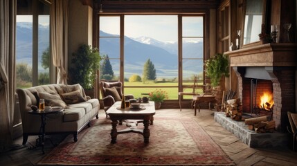 Fototapeta na wymiar The interior of a large living room with a large window with mountains behind it