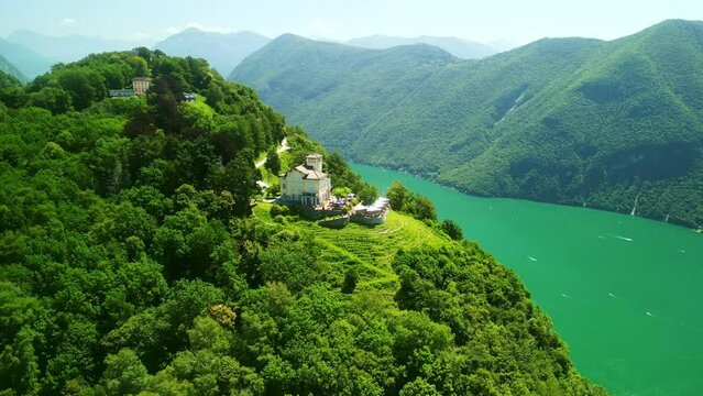 Drone Switzerland 4k. Monte Bre. Lake Lugano. Ticino, Switzerland summer tourism. 
