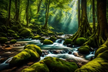 Foto auf Acrylglas A serene river flowing through a lush forest, with moss-covered rocks lining its banks. The water glistens under the sunlight. © AI Aesthete
