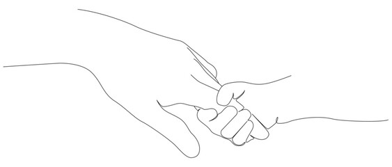 One continuous line drawing of baby kid hand holding mom dad parents hands. son daughter grab mommy daddy hand. family doodle outline art line vector illustration - obrazy, fototapety, plakaty