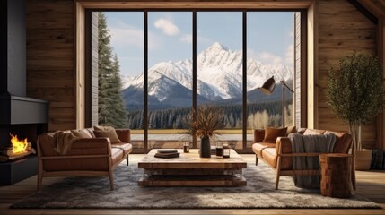 The interior of a large living room with a large window with mountains behind it