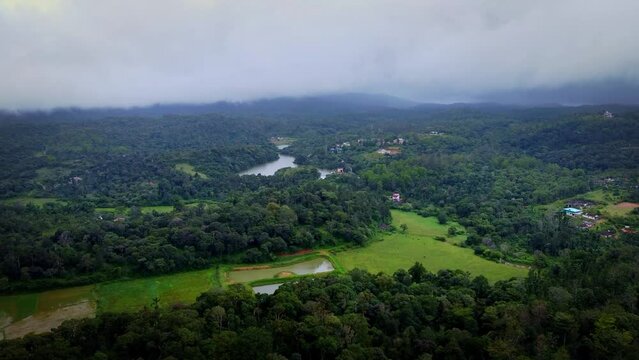 Drone shot of the landscpae of Kodagu in Karnataka formally known as coorg. Kodagu is a hill station and the largest Coffee and Pepper producing district in India. 