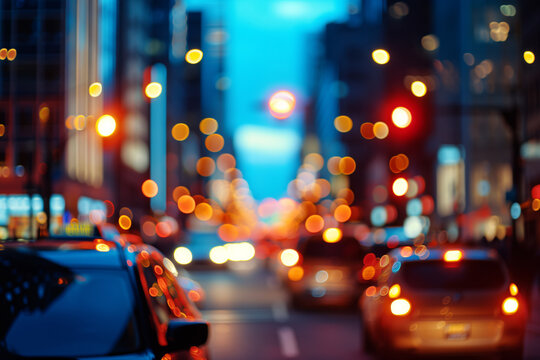 Blurred evening streets with cars and traffic lights, background