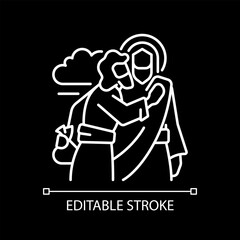 Kiss of Judas white linear icon for dark theme. Jesus Christ betrayed by Judas Iscariot. Treacherous disciple. Biblical scene. Isolated vector illustration. Simple filled line drawing. Editable stroke