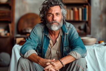 Front portrait of a 50 year old writer sitting looking at camera