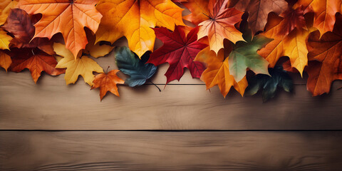 Naklejka na ściany i meble Autumn leaves on a wooden background, Autumn background autumn leaves on a wooden background 