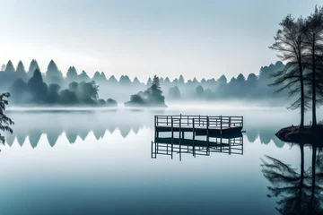 Wall murals Reflection A tranquil, misty morning on a calm lake, where the waters are shrouded in a soft haze. The surrounding trees are reflected on the glass-like surface, creating a surreal and peaceful view. 