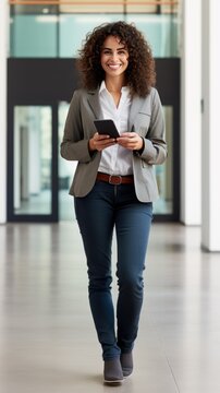 1 Female Architect Holding A Cell Phone, Smiling, Looking At The Camera, Full Body, White Background