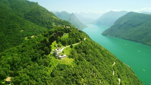 Drone Switzerland 4k. Monte Bre. Lake Lugano. Ticino, Switzerland summer tourism. 