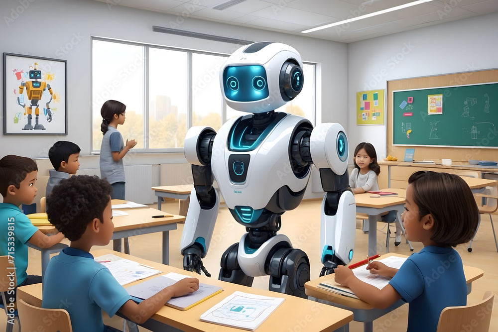 Wall mural a concept of a futuristic robot learning in a classroom