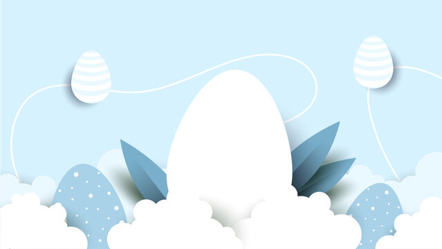 Blue and white vector gradient background for easter celebration with egg and flower. Vector paper style easter background