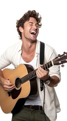 A handsome male singer sings happily and joyfully. white background