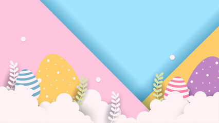 Colorful colourful vector happy easter background. Greeting card, poster or background with bunny, flowers and easter egg. Egg hunt poster. Vector paper style easter background