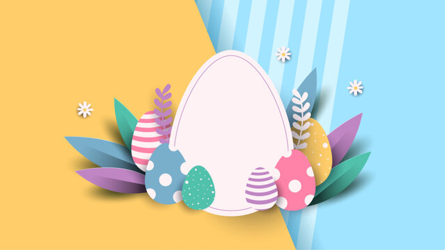 Colorful colourful vector gradient happy easter day background with egg and flower. Vector paper style easter background