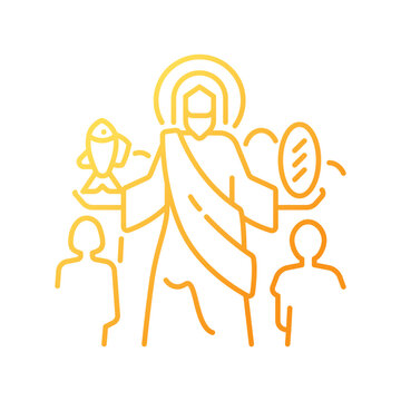 recommend clip art: Feeding of five thousands gradient linear vector icon. Jesus Christ feeds multitude. Miracle of Jesus. Biblical scene. Thin line color symbol. Modern style pictogram. Vector isolated outline drawing
