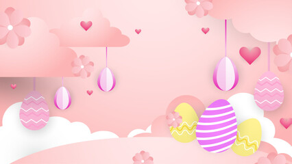 Colorful colourful vector gradient happy easter day background with egg and flower. Vector paper style easter background