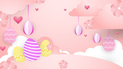 Colorful colourful vector happy easter background. Greeting card, poster or background with bunny, flowers and easter egg. Egg hunt poster. Vector paper style easter background