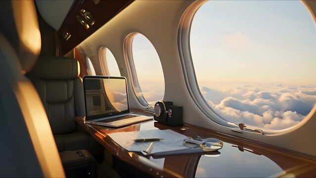 Indulge in the ultimate luxury of a private jet with a spacious workspace and a mesmerizing view of clouds passing by.