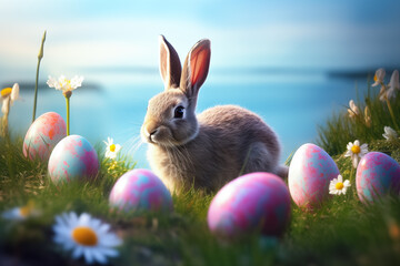 Cute Easter Bunny and Easter Eggs with green grasses and flower. Generative Ai.