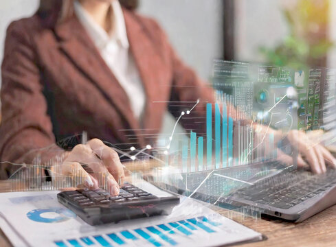 Business women use laptops to analyze financial data for investment growth graph, generative ai