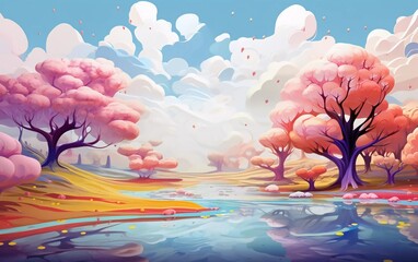 Real landscape with abstract multicolored trees and clouds, beautiful view
