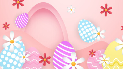 Colorful colourful vector gradient background for easter celebration with egg and flower. Vector paper style easter background