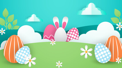 Fototapeta na wymiar Colorful colourful vector happy easter day in paper style with egg and flower. Vector paper style easter background