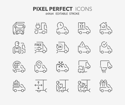 Line icons about trucks and road transport. Outline symbol collection. Editable vector stroke. 64x64 Pixel Perfect.