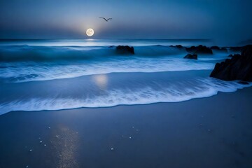 A peaceful, moonlit beach, where the silvery waves gently kiss the sandy shore. The moon casts a soft glow on the tranquil waters, creating a serene reflection.