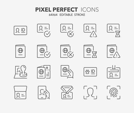 Line icons about identifications. Outline symbol collection. Editable vector stroke. 64x64 Pixel Perfect.