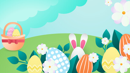 Colorful colourful simple vector easter background template with eggs and flower. Vector paper style easter background